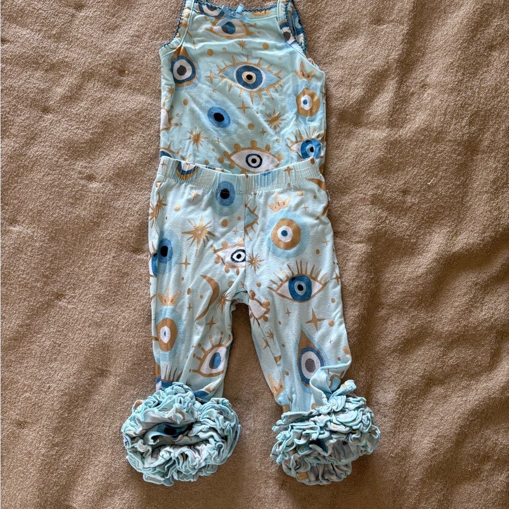 Posh Peanut Light Blue Eye Print Ruffle Romper Set